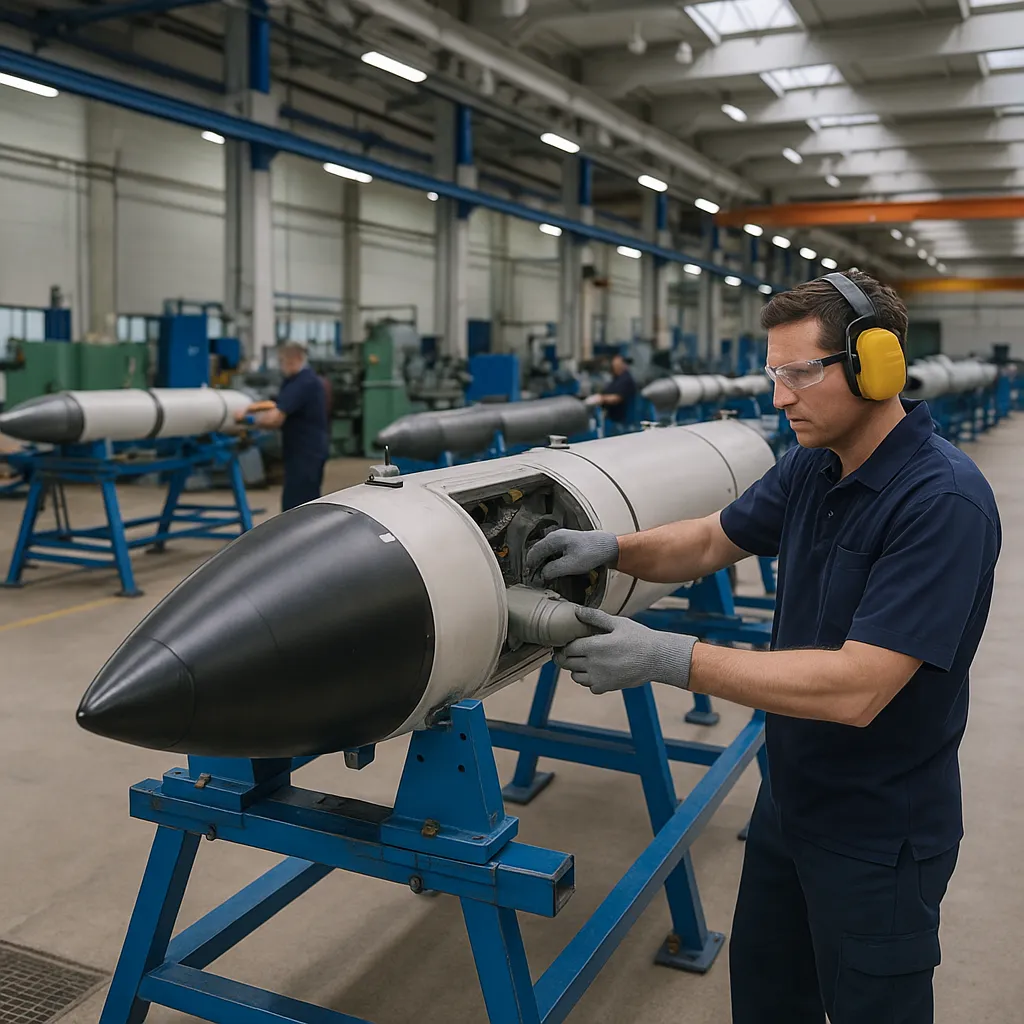 방산 공장에서 유도탄 탄체를 조립하는 작업자들의 모습