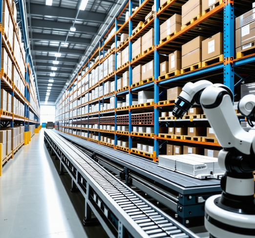 첨단 로봇이 창고 내에서 상품을 정확하게 분류하고 이동시키는 모습. 높은 선반과 복잡한 컨베이어 시스템이 보이며, 로봇들이 효율적으로 작업하는 모습이 인상적입니다.