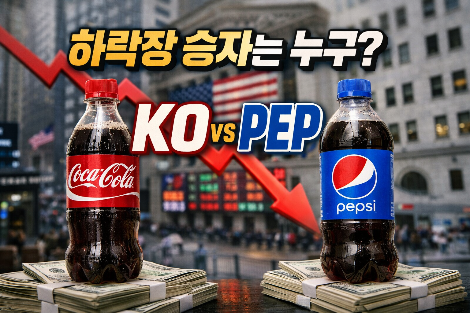 미국 증시 배경과 하락 화살표 위에 코카콜라 병(KO)과 펩시 병(PEP)이 놓여 있고 &ldquo;하락장 승자는 누구? KO vs PEP&rdquo; 문구가 들어간 주가 비교 썸네일 이미지