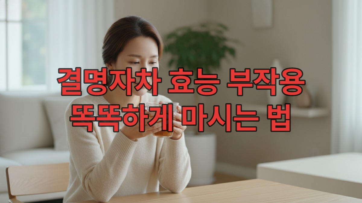 저혈압 환자가 결명자차 섭취에 대해 고민하며 차를 바라보는 모습