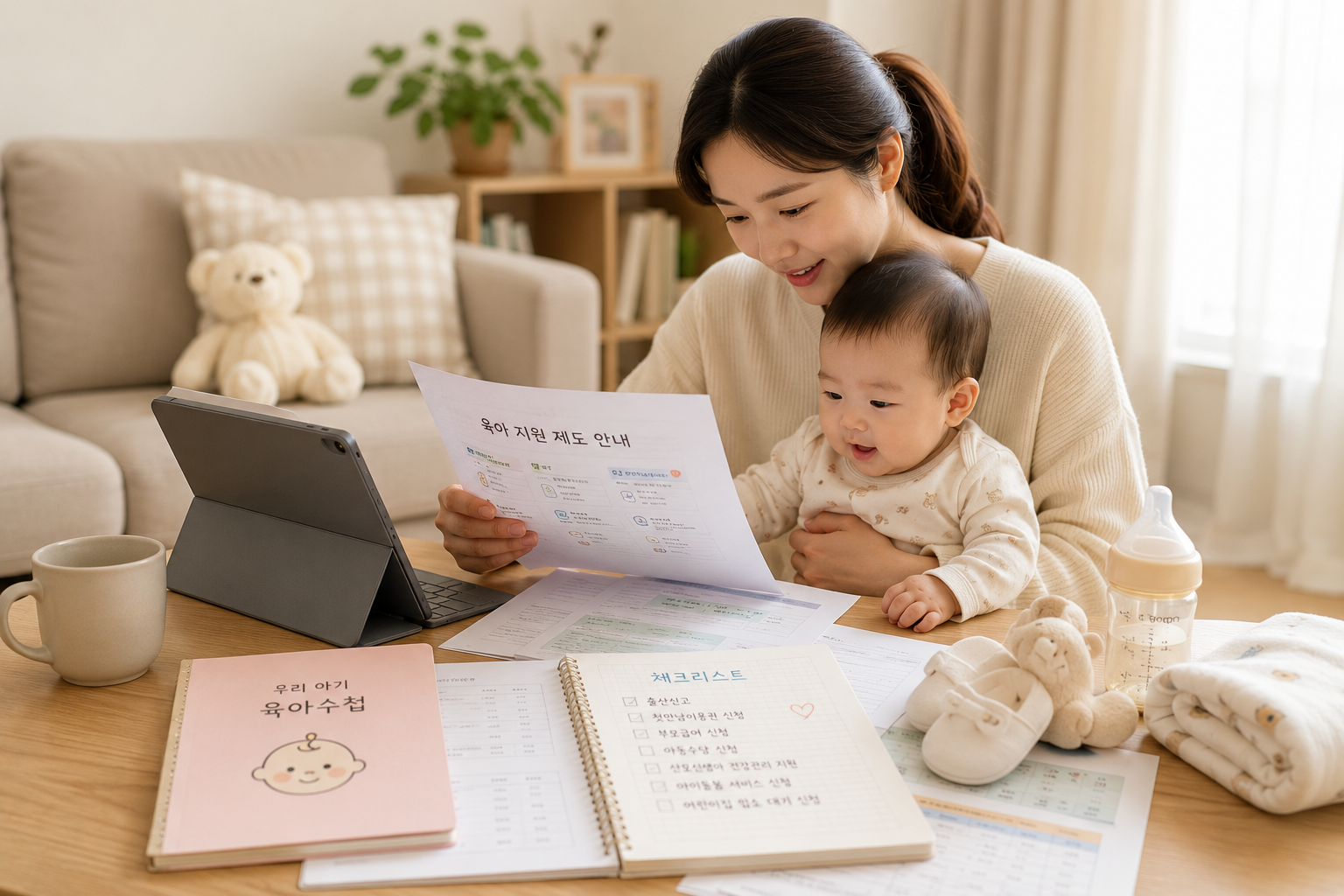 육아 정보를 확인하는 엄마와 아기