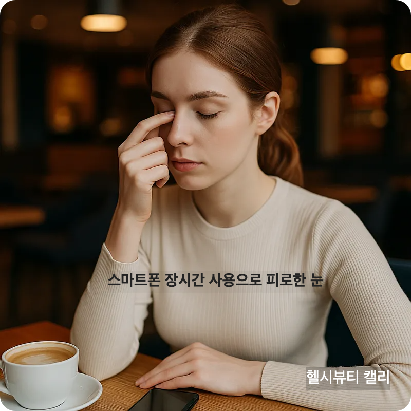 고급 커피숍에서 스마트폰을 내려놓고 눈을 만지고 있는 외국 여성