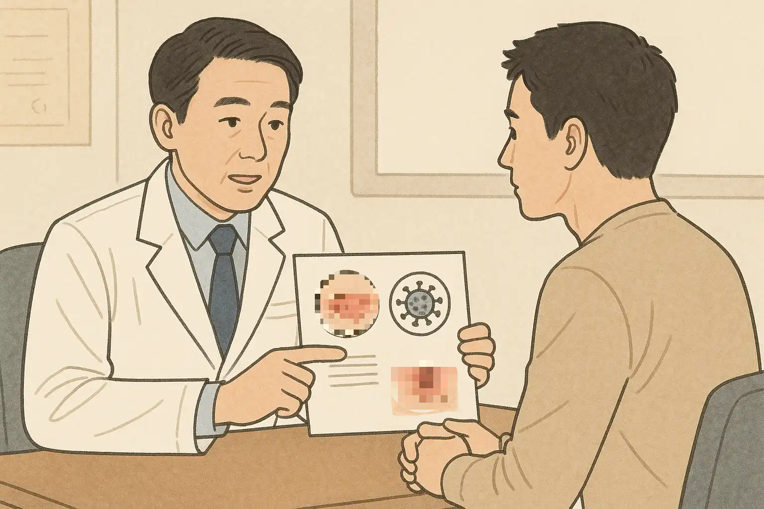 의사가 환자에게 출혈·감염 예방을 설명하는 상담 장면