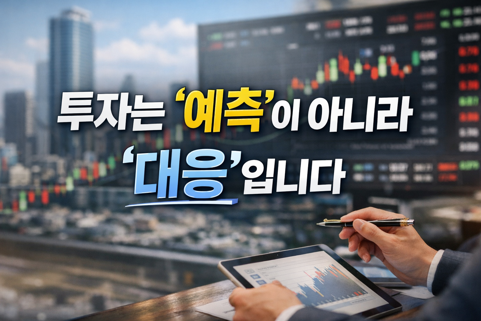도시 전경과 주식 차트를 배경으로 태블릿을 보며 분석하는 손, 투자는 예측이 아니라 대응이라는 개념을 시각화한 실사 이미지
