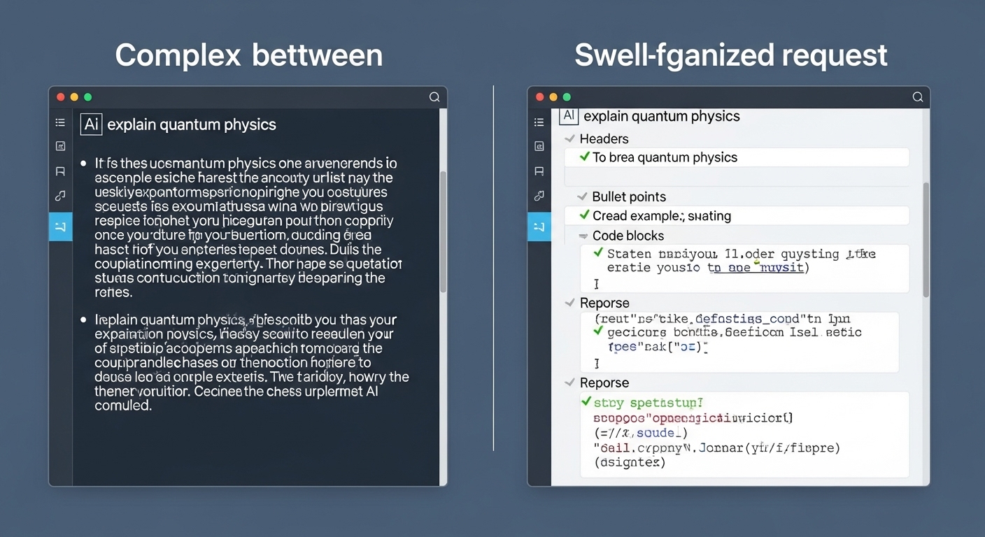 복잡한 질문을 단순 텍스트와 마크다운 문법으로 각각 요청했을 때 AI 답변의 명확성과 구성 차이를 시각적으로 보여주는 비교 이미지.
