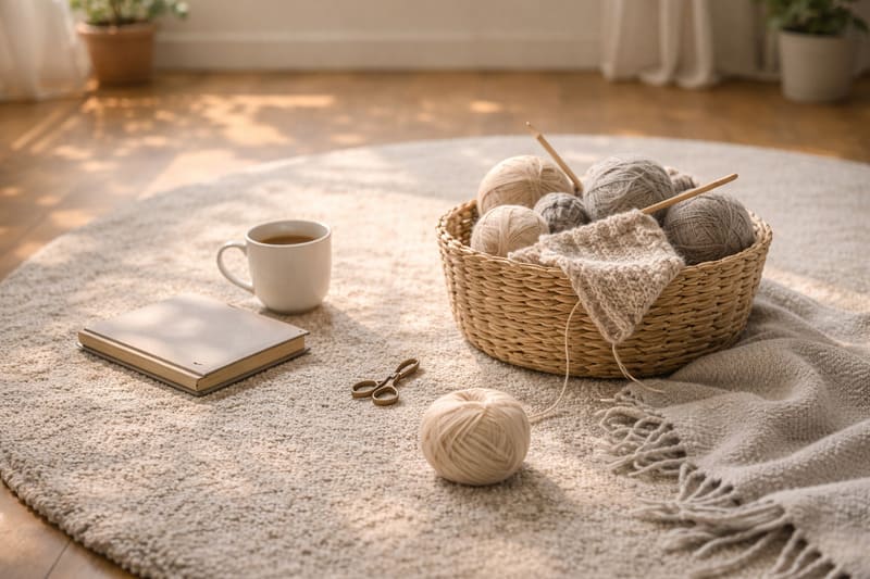 뜨개질 바구니와 실타래가 놓인 조용한 실내 중년의 취미 공간
