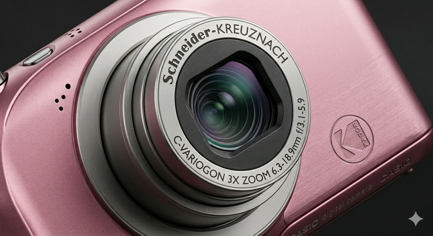 코닥 이지쉐어 카메라에 탑재된 슈나이더 크로이츠나흐 렌즈의 광학 요소와 금속 질감을 강조한 초근접 접사 사진.