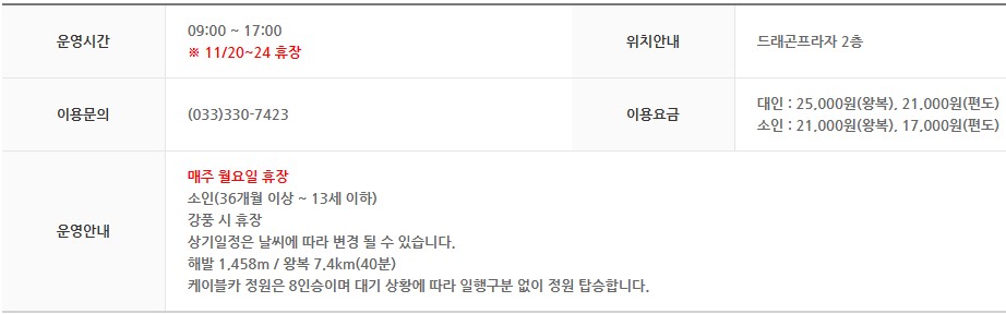 발왕산 케이블카 요금