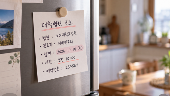 대학병원 진료를 앞두고 냉장고 옆에 붙여둔 예약 날짜 메모