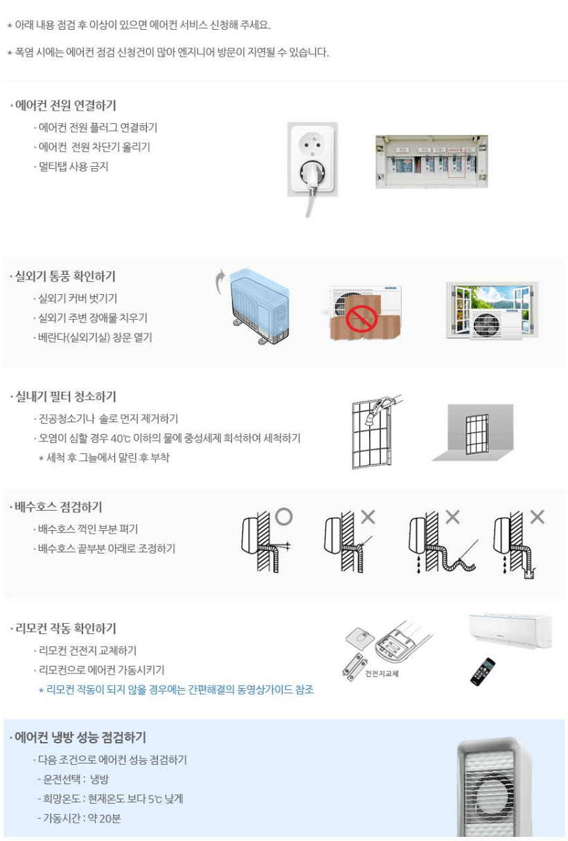 위니아 에어컨의 자가점검 방법을 안내한 그림과 설명입니다.