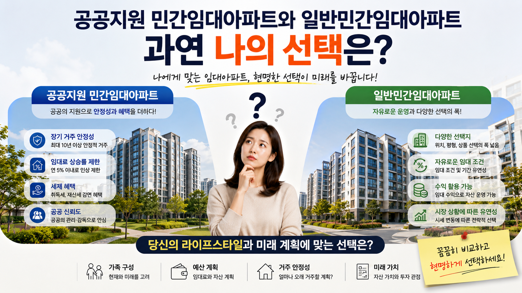 민간임대아파트의 장점과 갈아타기 전략, 세금 절감 효과, 주거 안정성 확보 방안을 인포그래픽으로 정리한 16:9 배너 이미지