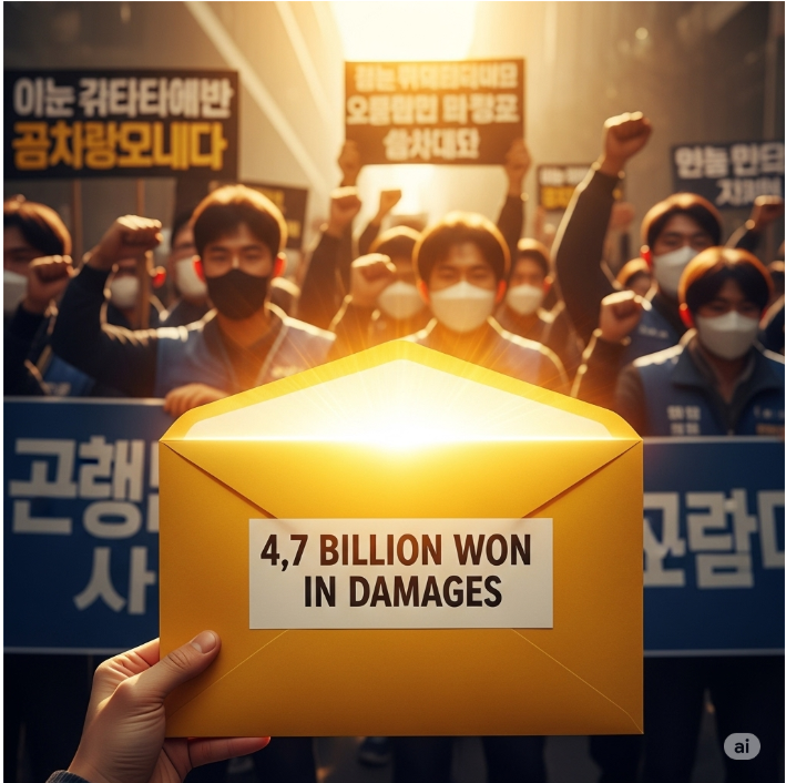 노동자들이 시위하는 배경과 노란색 봉투가 그려진 그림. 노란 봉투에는 '47억 손해배상'이라는 글씨가 적혀있고, 봉투에서 따스한 빛이 퍼져나와 연대와 희망의 메시지를 전달한다.