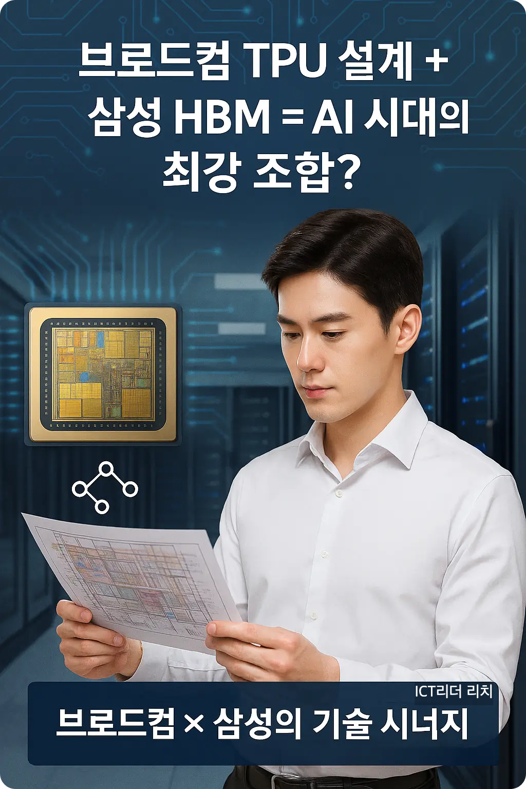 데이터센터에서 반도체 설계도를 바라보는 남성이 등장하는 브로드컴 TPU와 삼성 HBM 관련 인포그래픽