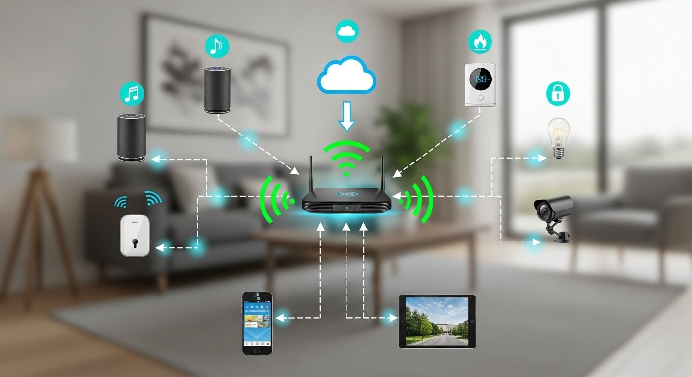 스마트홈 네트워크와 IoT 기기 연결 개념도