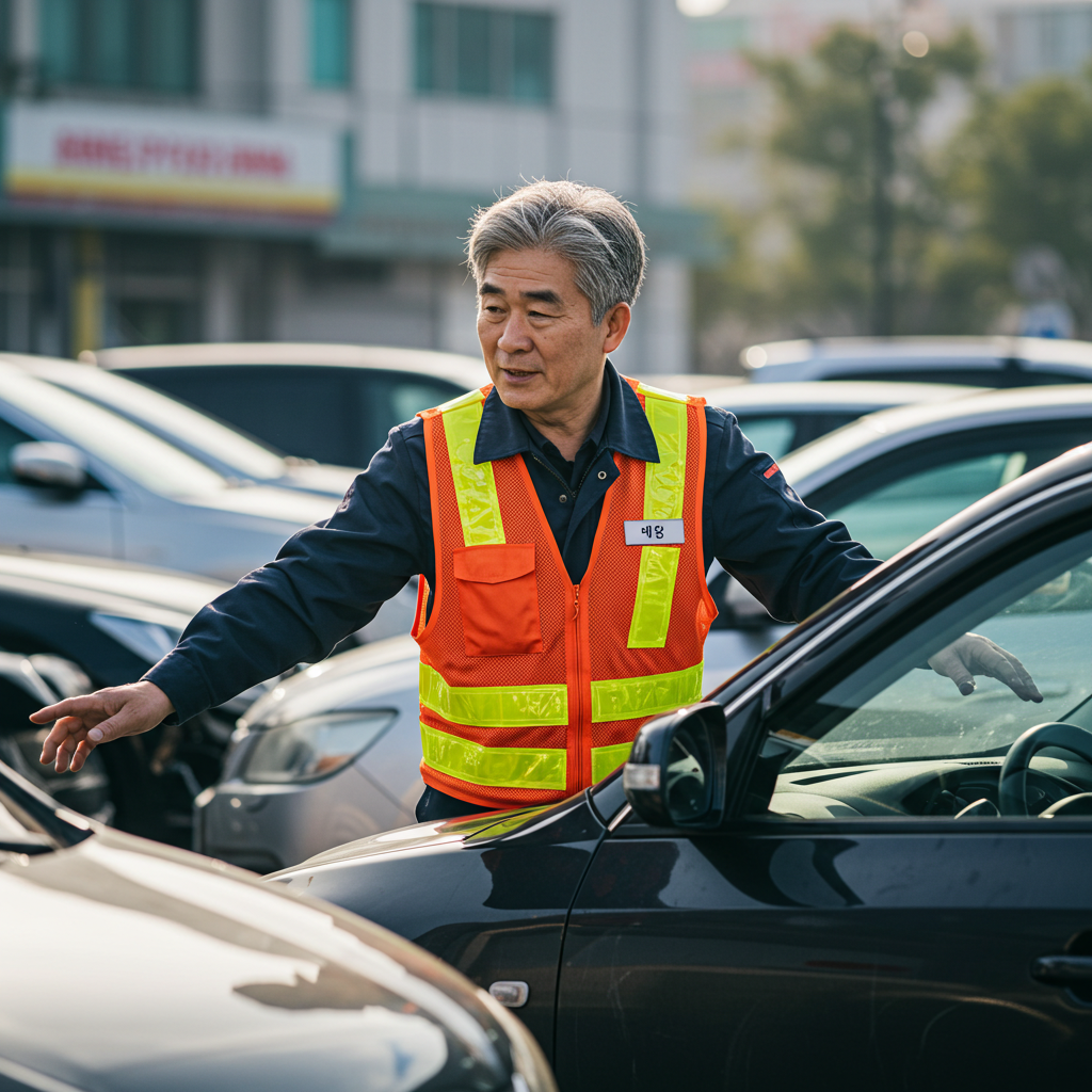 노인 주차 관리원이 차량을 유도하는 모습