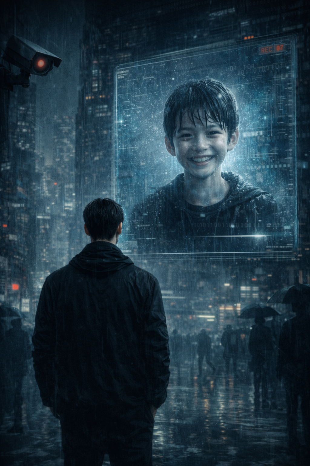 감정이 통제된 미래 도시에서 한 남성이 빗속에 서서 거대한 홀로그램 화면 속 아이의 웃는 얼굴을 바라본다. 감정은 금지되었지만, 기록된 웃음은 사라지지 않고 남아 감시와 기억, 인간성의 충돌을 드러내는 디스토피아 SF 장면.