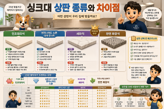 25년 맞춤가구 제작자가 알려주는 싱크대 상판 종류와 차이점