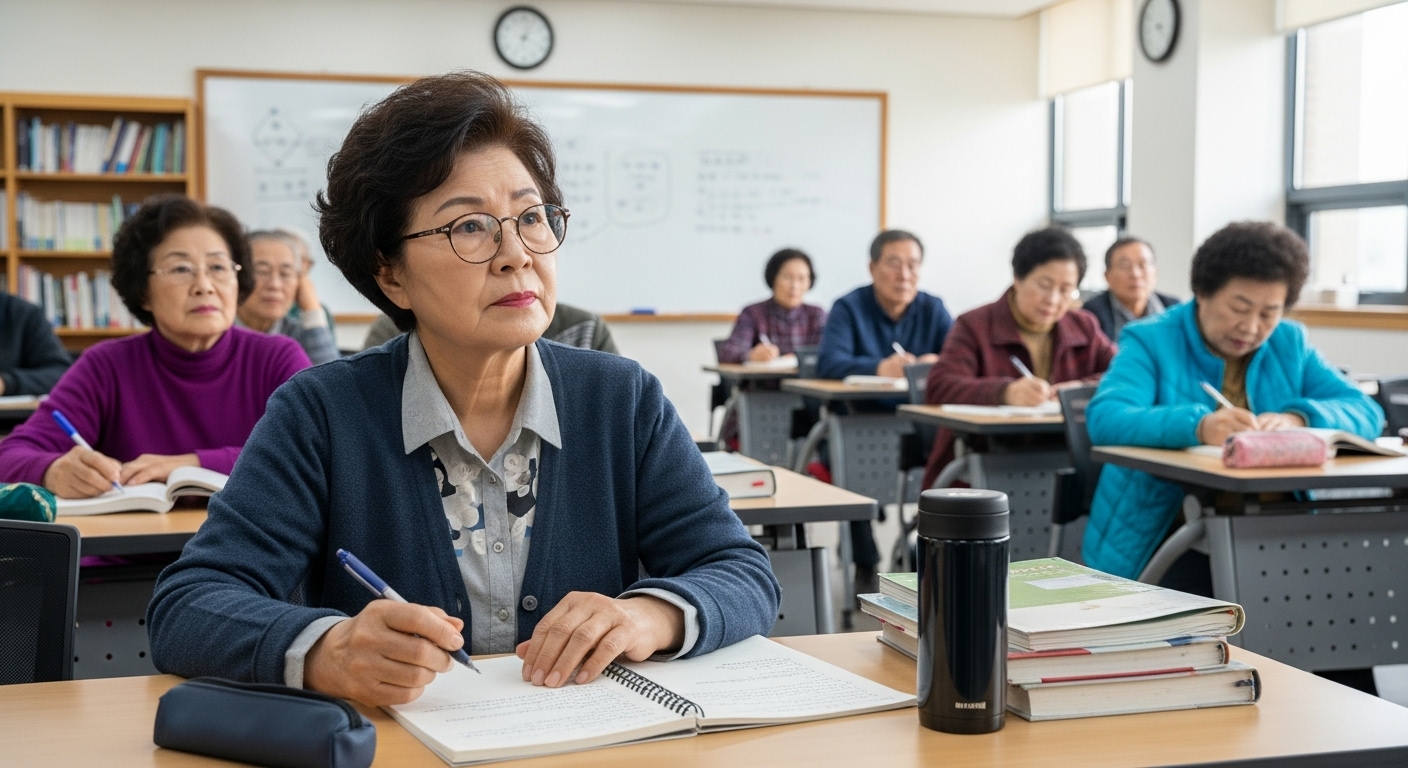 시니어 대학에서 한국사 수업을 듣고 필기하는 65세 여성