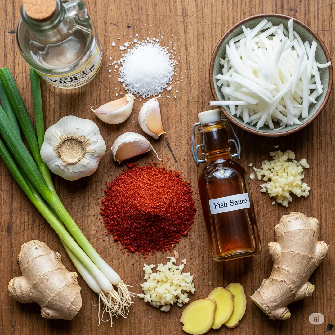 고춧가루&amp;#44; 마늘&amp;#44; 액젓&amp;#44; 썰어놓은 총각무 재료