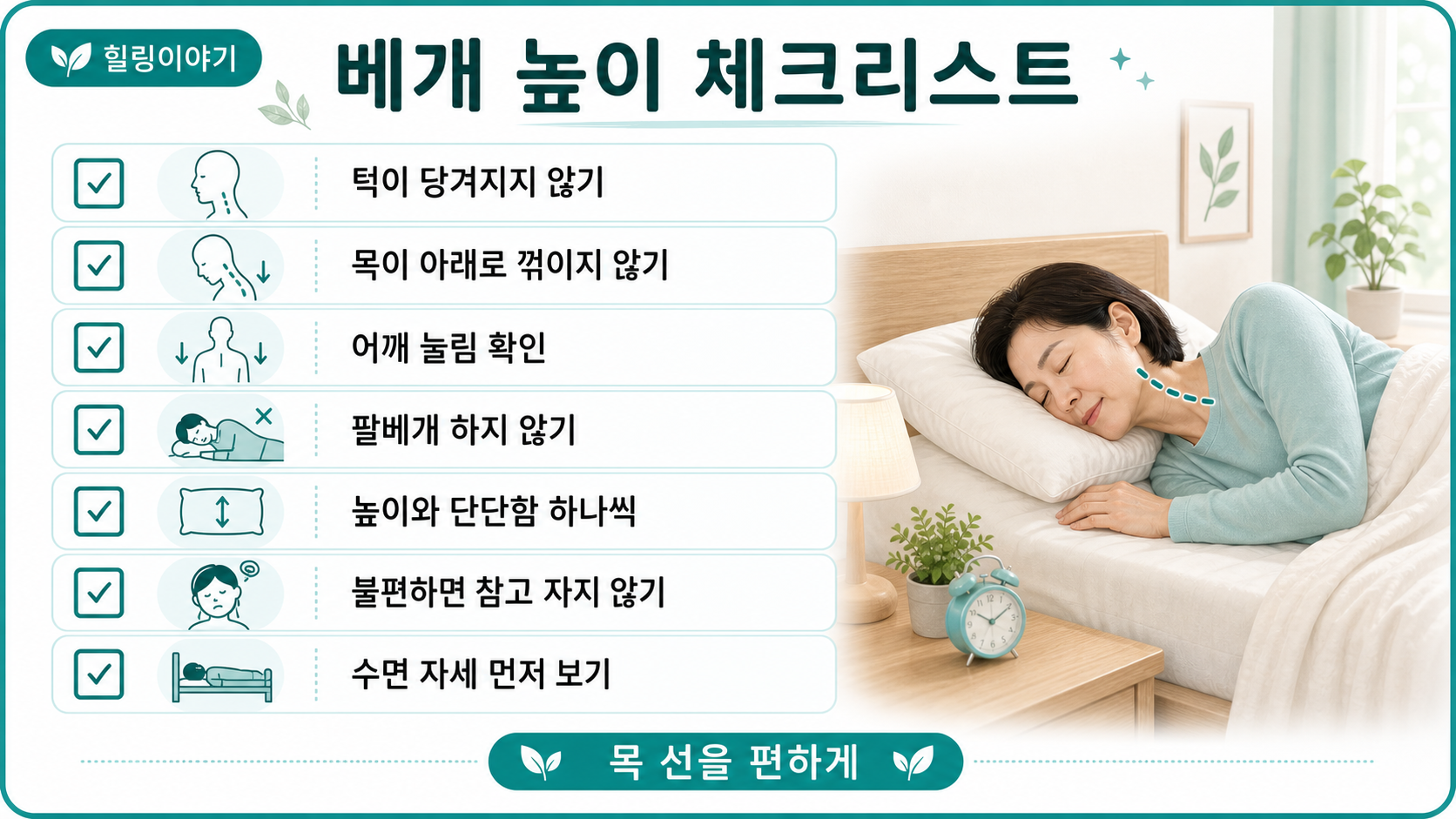 베개 높이가 목 뻐근함에 미치는 영향을 줄이기 위한 베개 높이 체크리스트 카드