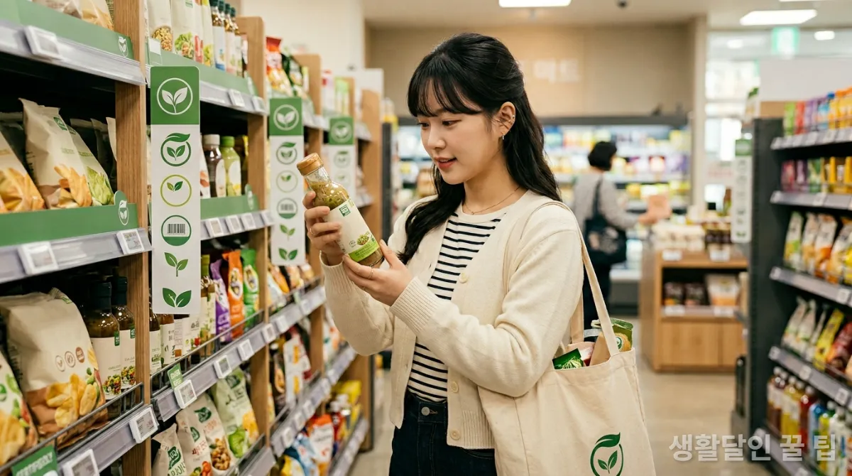 친환경 인증 마크를 확인하며 제품을 구매하는 한국인 소비자