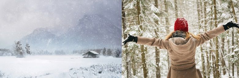 왼쪽은 많은 눈이 내리는 날 높은 산을 뒤로하고 작은 오두막집 하나가 있고 그 주변을 많은 나무가 자리하고 있는 사진이며 오른 쪽은 눈덮힌 나무숲에서 빨간색 털모자를 쓰고 검정색 장갑에 갈색 긴코트를 잎고 숲을 향해 두팔을 벌리고 있는 뒷모습