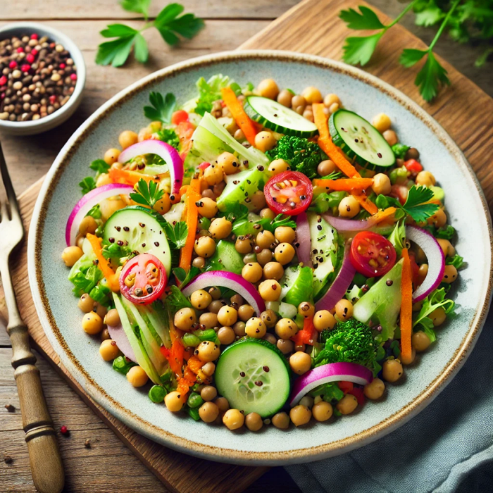 렌틸콩과 병아리콩 샐러드가 담긴 신선한 접시 이미지.