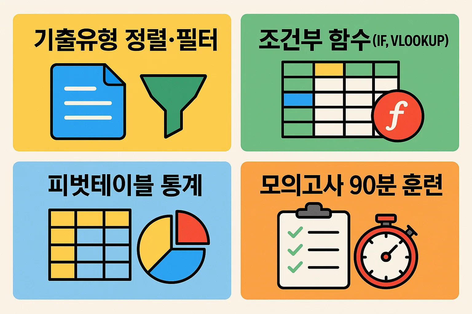 컴활2급 독학 실기시험 대비를 위한 기출유형 및 모의고사 훈련 인포그래픽으로, 정렬과 필터, 조건부 함수(IF, VLOOKUP), 피벗테이블 통계 활용, 90분 모의고사 훈련 방법을 정리한 자료입니다.