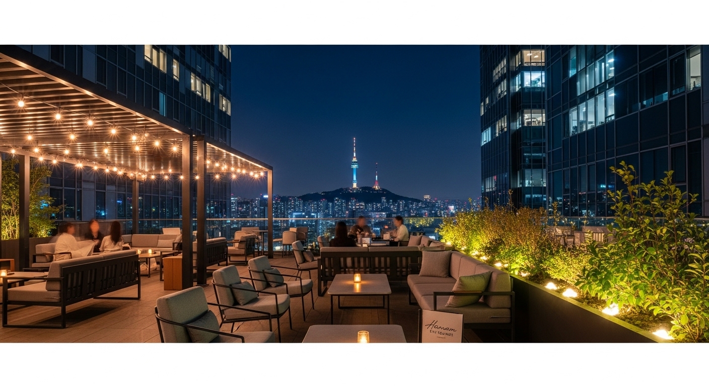 남산타워가 정면으로 보이는 한남동의 감각적인 루프탑 라운지 야경