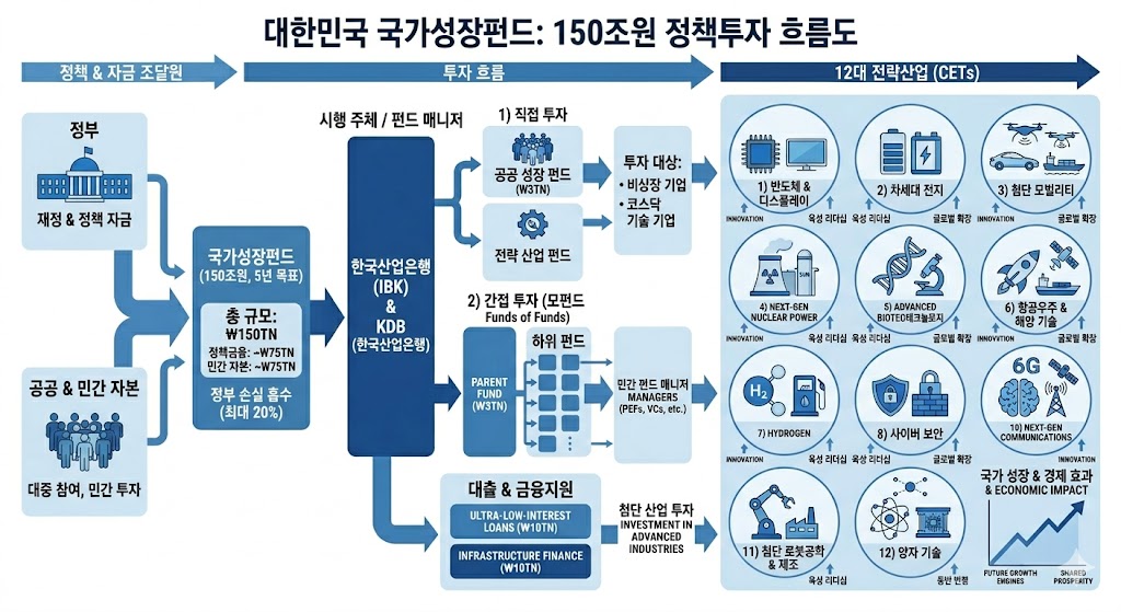 정부&rarr;산업은행&rarr;12대 첨단전략산업으로 이어지는 자금 흐름 인포그래픽