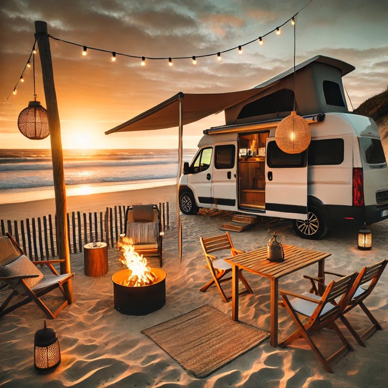 A scenic beachfront campsite with a stylish camper van parked on soft sand, 바닷가 카라반