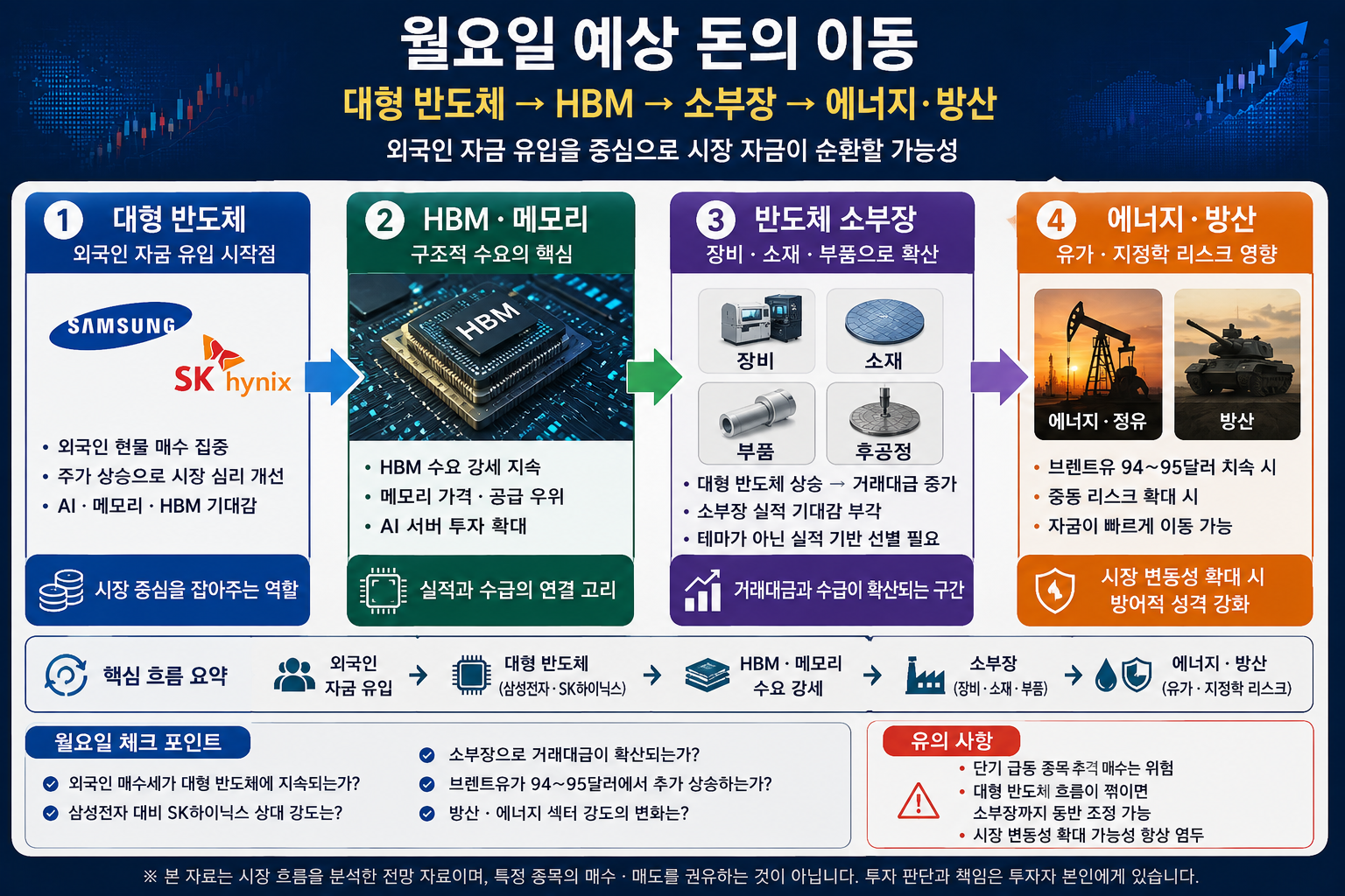 외국인 수급 유입에 따른 대형 반도체 소부장 정유 방산 스마트머니 이동 경로 차트