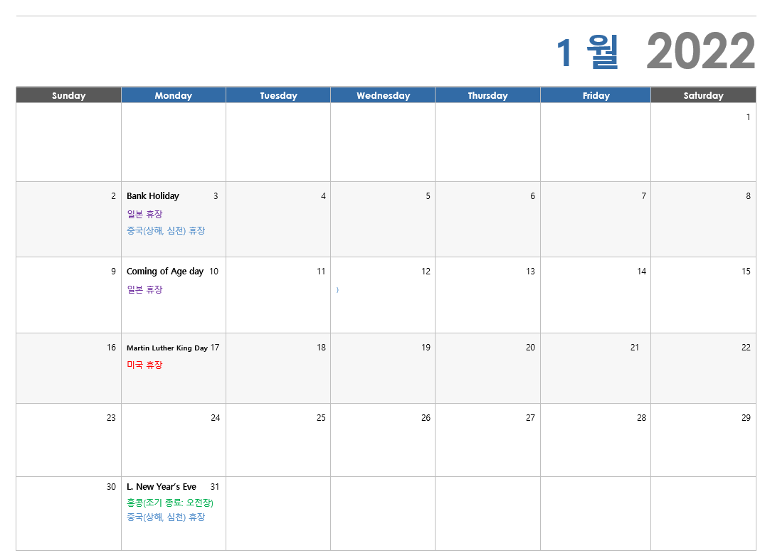 2022년 1월 해외증시 휴장 일정