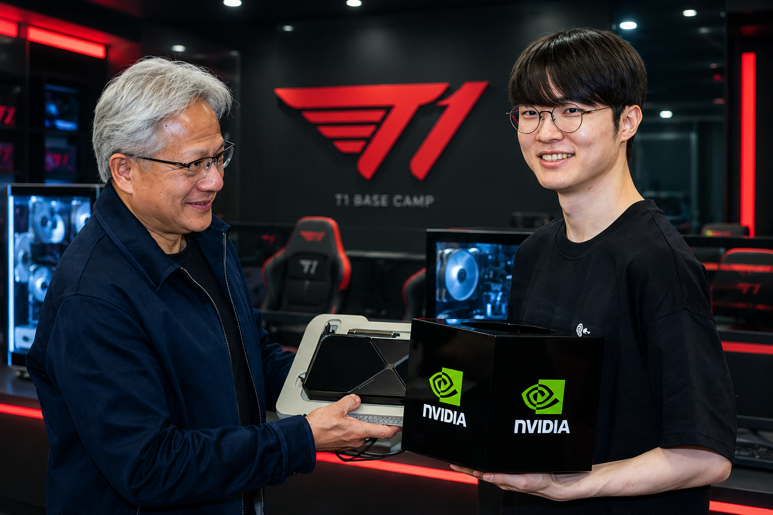 젠슨 황이 페이커에게 전 세계 하나뿐인 지포스 RTX 5090 특별판 그래픽카드를 선물하는 장면을 상징적으로 표현한 e스포츠 정보공유형 썸네일 이미지