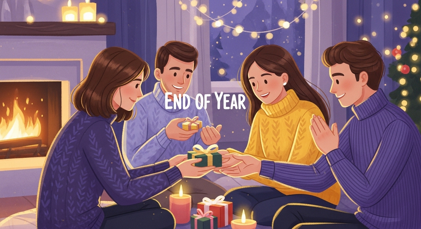 따뜻한 보라색과 노란색 조명 아래, 가족이나 친구들이 모여 연말 인사말을 주고받는 아늑하고 행복한 모습의 일러스트.