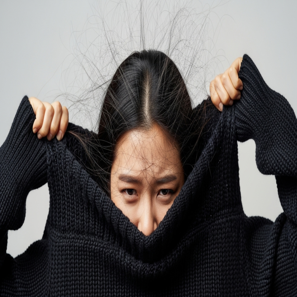 정전기로 인해 머리카락이 붕 뜨는 겨울철 니트