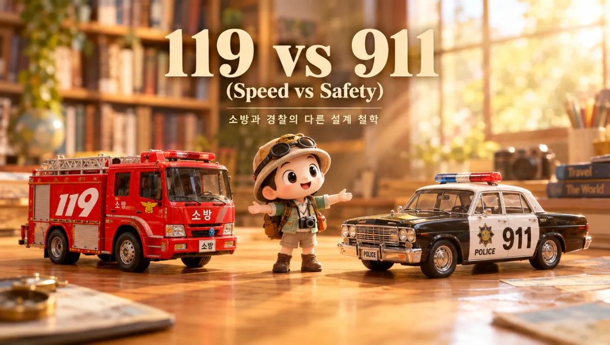 한국 119 소방차와 미국 911 경찰차를 나란히 비교하는 프리미엄 일러스트 &mdash; 미니미 세계여행자가 두 차량 사이에서 양팔을 벌리며 설계 철학의 차이를 설명하는 교육용 16:9 이미지