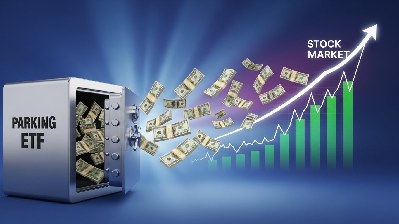 안전한 금고(파킹형 ETF)에서 돈다발이 나와 화려한 주식 시장(위험 자산)으로 이동하는 머니 무브 일러스트