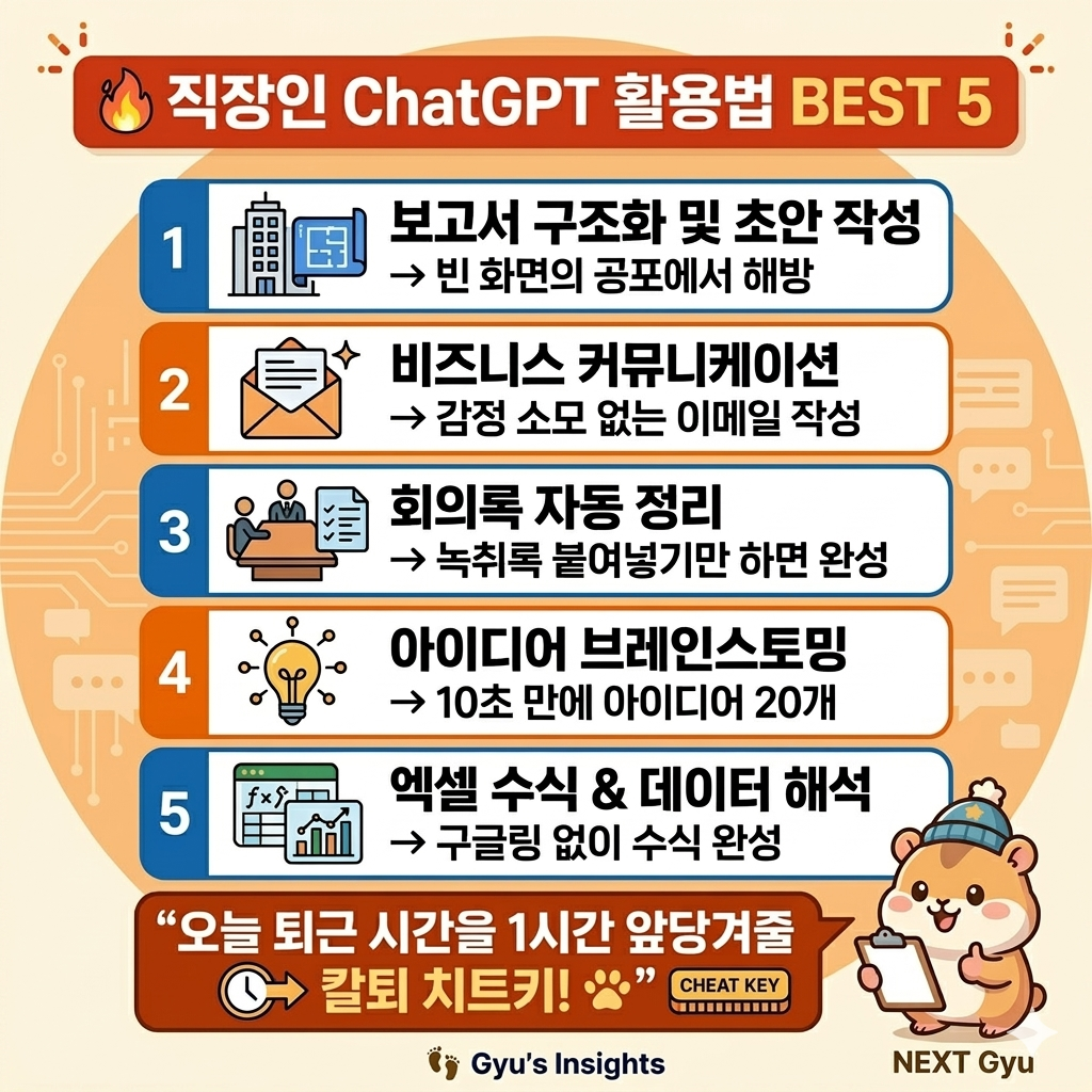 ChatGPT 직장인 활용법 5가지
보고서초안 이메일작성 회의록정리
브레인스토밍 엑셀수식 칼퇴치트키 인포그래픽