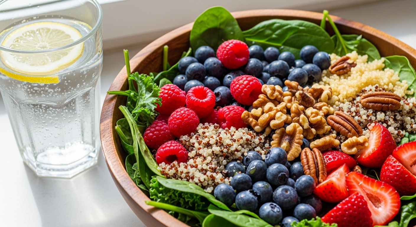 신선한 채소, 과일, 통곡물이 풍부하게 담긴 샐러드 볼. 임산부 변비 해결에 좋은 섬유질 가득한 식단을 상징합니다.
