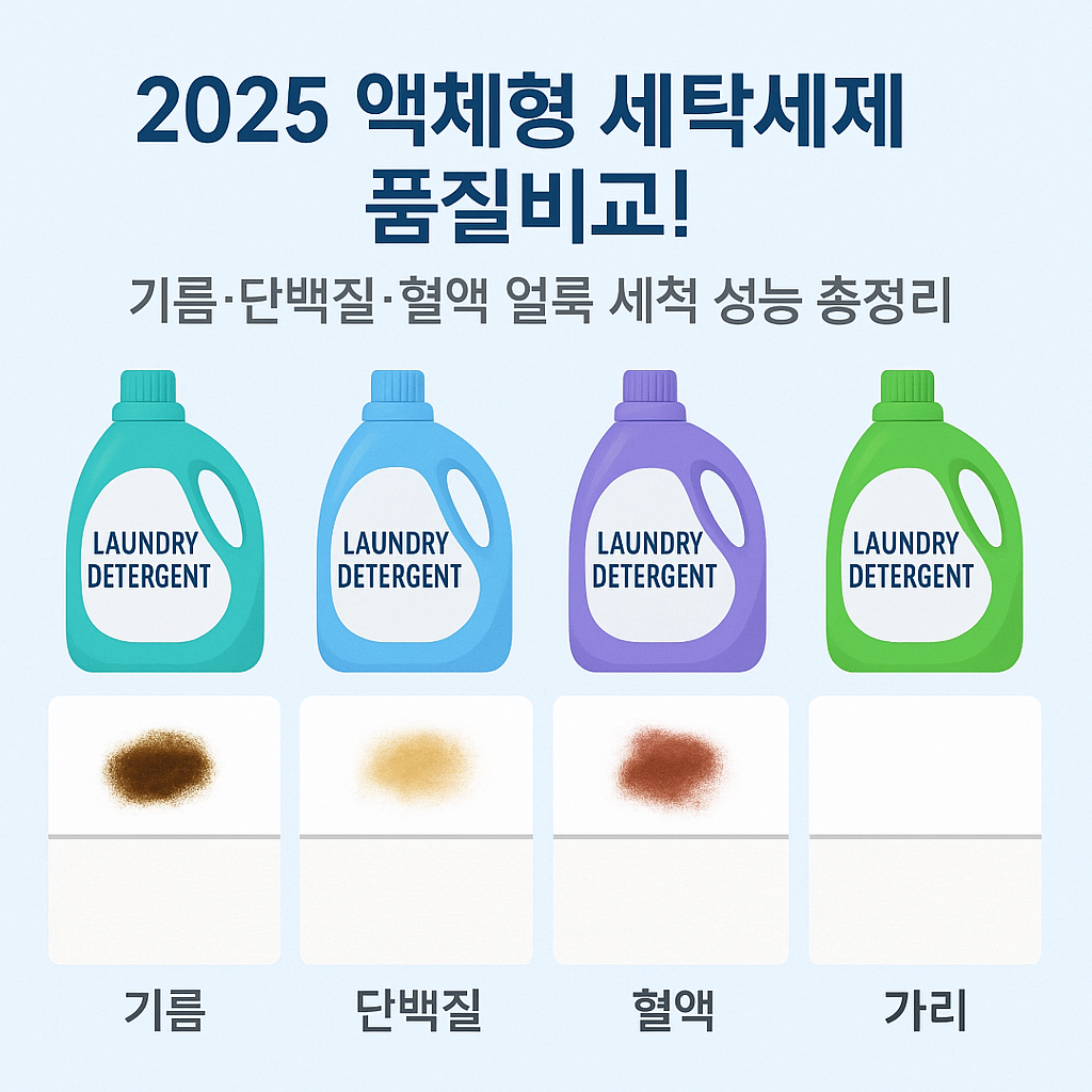 2025 액체형 세탁세제 품질비교! 기름&middot;단백질&middot;혈액 얼룩 세척 성능 총정리