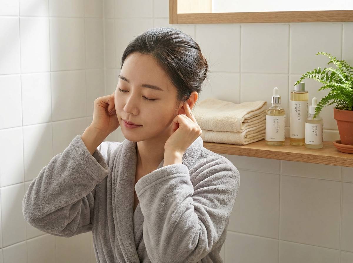 한 여성이 귀 주변의 림프절을 손끝으로 부드럽게 마사지하는 모습, 평온한 분위기의 욕실, 깨끗한 수건과 스킨케어 제품 배치