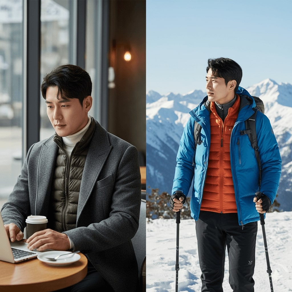 경량패딩을 코트 안에 입은 직장인과 아웃도어 활동에 적합한 레이어링 패딩 착용 모습