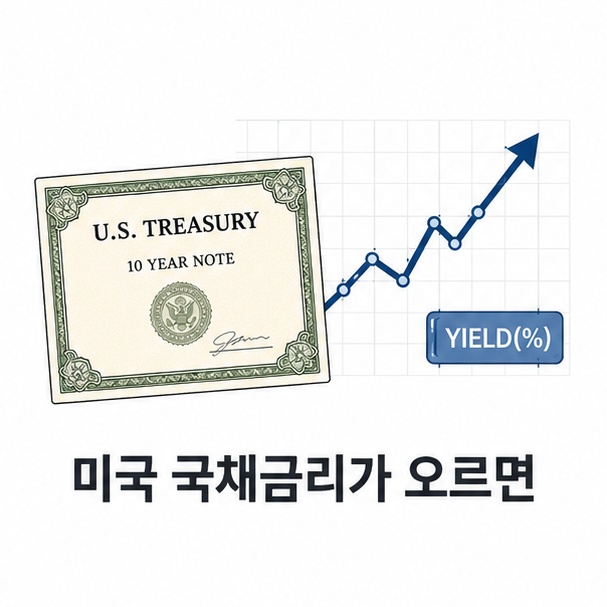 미국 국채와 금리 그래프를 이용해 미국 국채금리가 상승하는 상황을 소개하는 그림