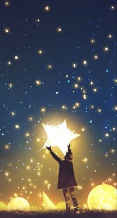 하늘에-황금을-수놓은듯-노란별들이-비추며-그중-가장-큰-별을-잡는-여성
