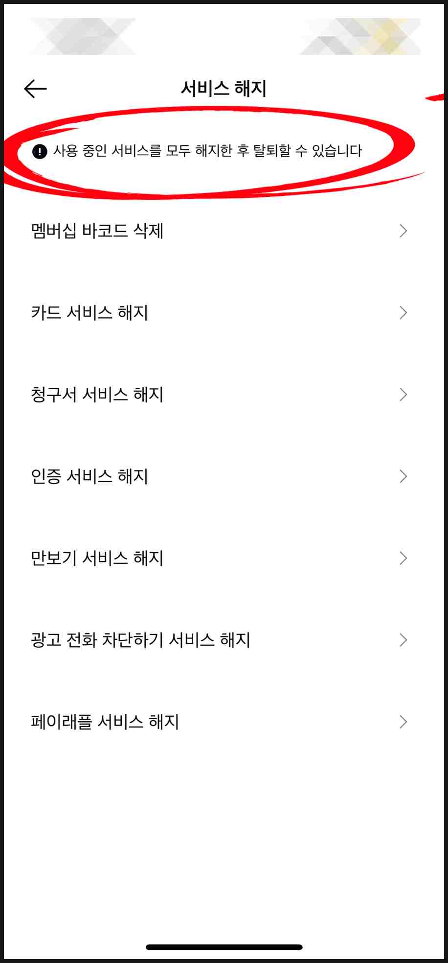 카카오페이 탈퇴가 완료된 뒤 확인 화면 예시