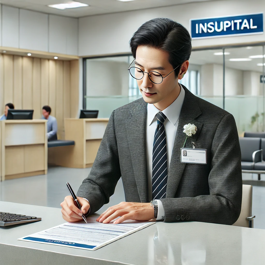 병원 접수에서 보험서류 작성하는 남성