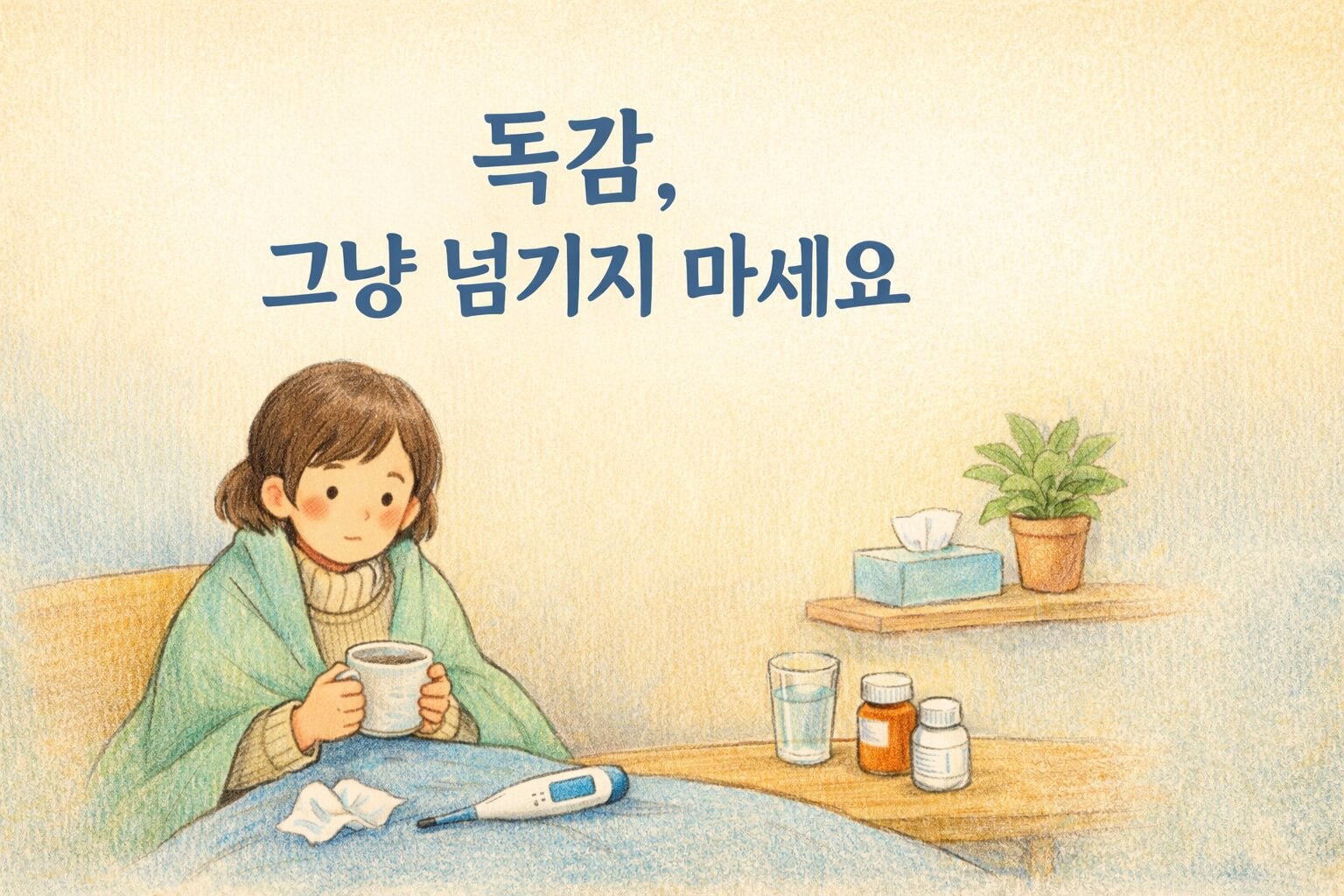 독감 유행 시기, 몸의 작은 신호를 놓치지 말자는 메시지를 담은 색연필 스타일의 차분하고 따뜻한 건강 썸네일