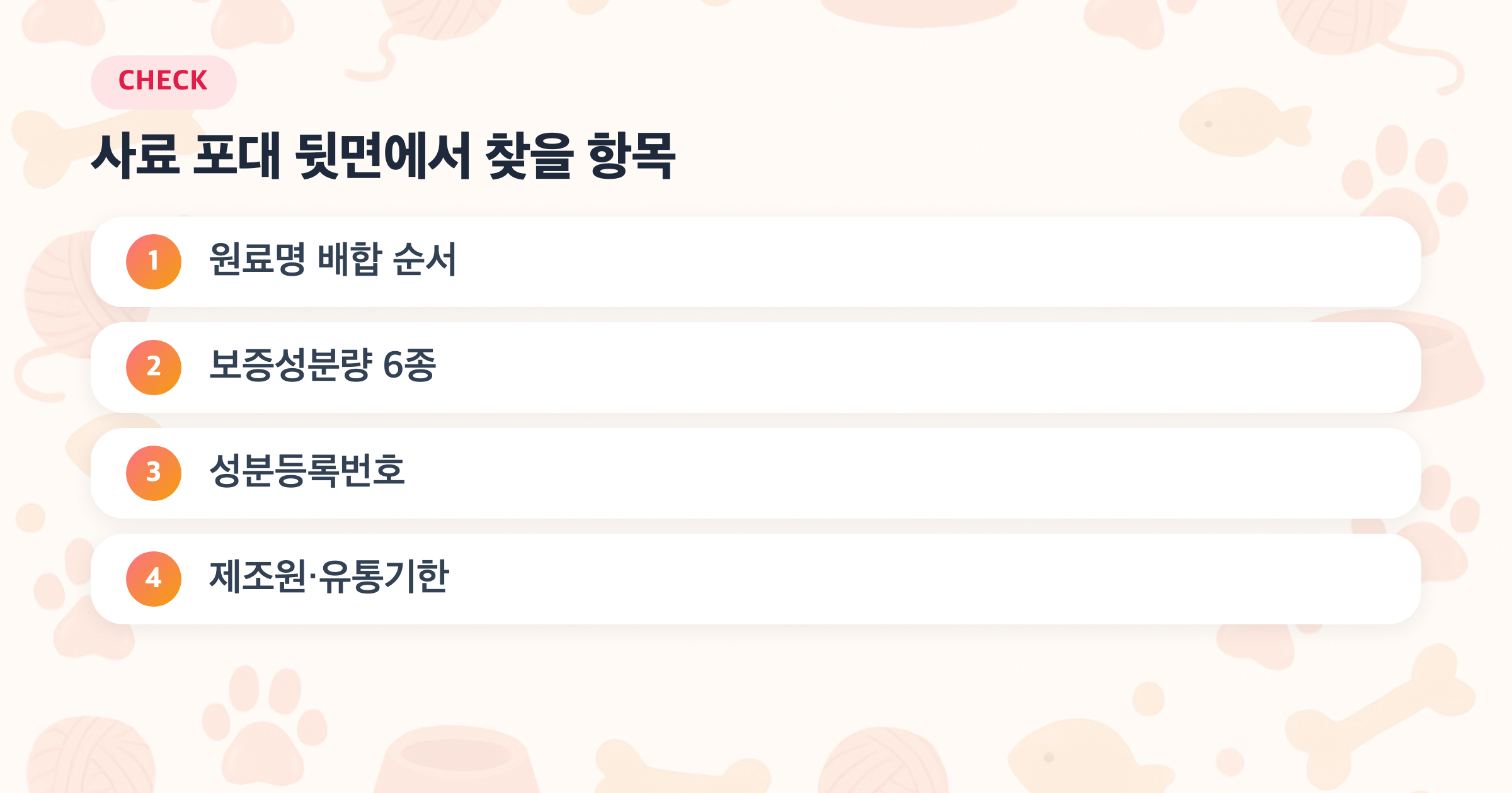 사료 포대 뒷면에서 찾을 항목: 원료명 배합 순서, 보증성분량 6종, 성분등록번호, 제조원·유통기한