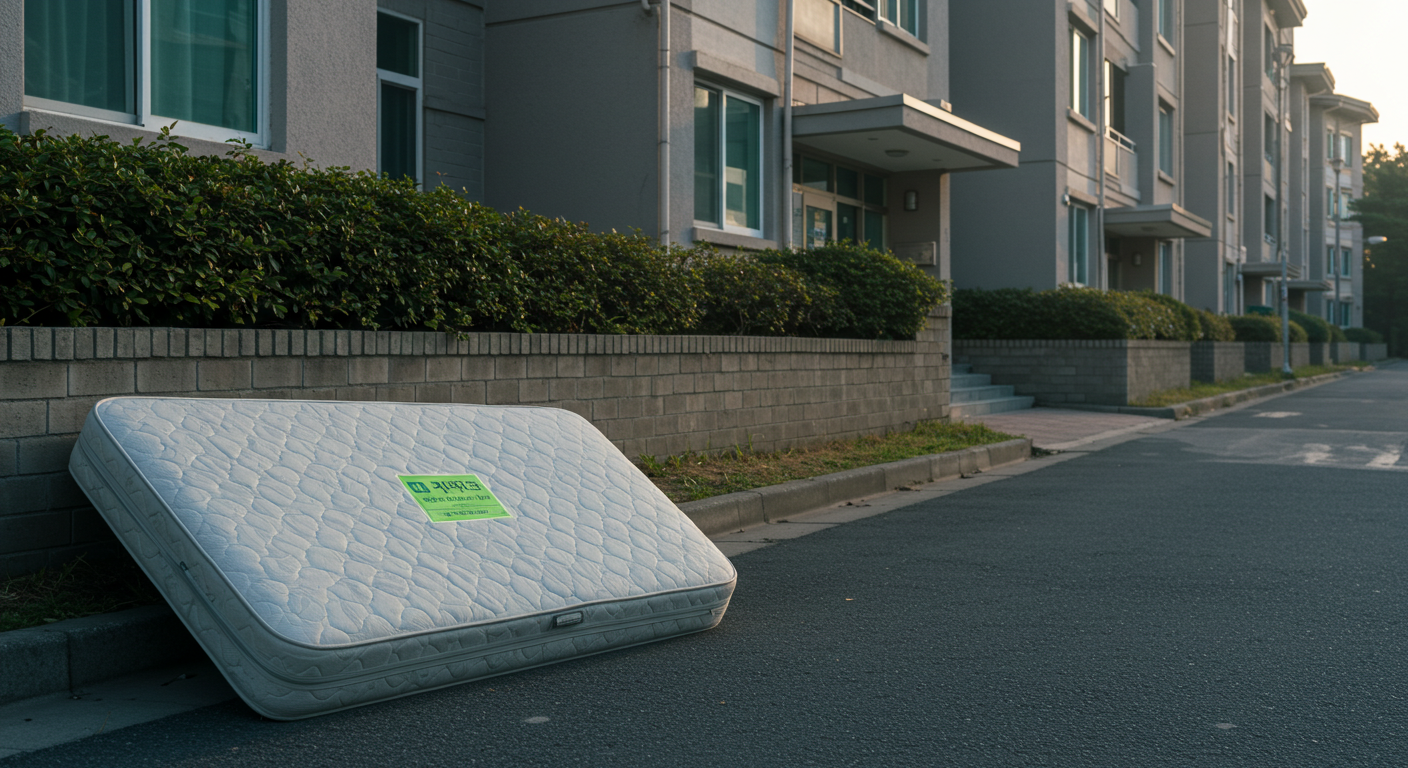한국 아파트 앞에 버려진 대형 매트리스와 폐기물 스티커 